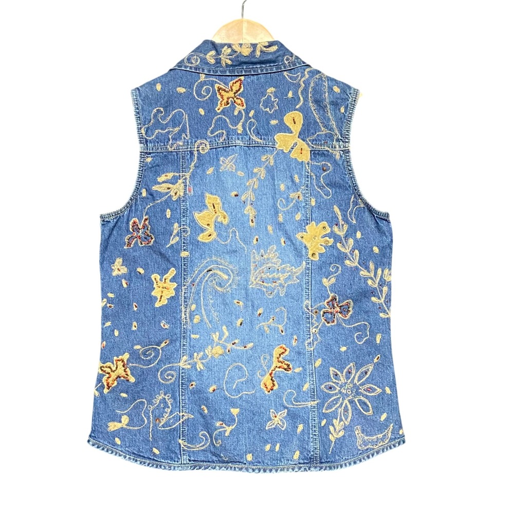 Chicos Women's Blue Denim Embroidered Beaded Butterfly Floral Vest Size 0 Small - Picture 2 of 8